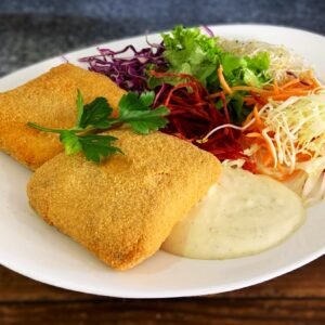 Milanesitas de muzzarella (2) con mix de verduras y aderezo césar