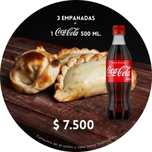PROMO 3 EMPANADAS + COCA 500 CC (ÚNICAMENTE TAKE AWAY) HASTA 19 HS.